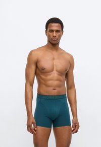 Τιρκουάζ ανδρικά εσώρουχα boxer με ελαστική μέση με λογότυπο. Το ύφασμα φαίνεται λείο και ελαστικό, προσφέροντας εφαρμοστή υποστήριξη.