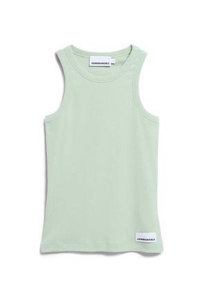 Hellgrünes Tanktop aus geripptem Stoff, mit Rundhalsausschnitt und ohne Ärmel. Enthält ein kleines Markenetikett am Saum.
