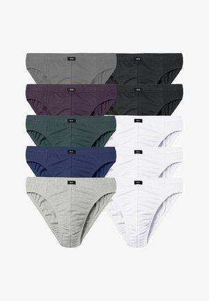 Ein Set aus zehn Unterhosen in verschiedenen Farben: grau, dunkelgrau, schwarz, lila, grün, marineblau und weiß. Hergestellt aus weichem Stoff und mit einem elastischen Bund.