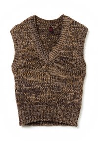 Braun-beige melierter Strick-Ärmelloser Pullover mit ribbelndem Halsausschnitt, Armausschnitten und Saum, flach auf einem weißen Hintergrund ausgelegt.