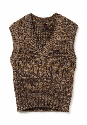 Brown and beige marled knit sleeveless sweater vest with ribbed neckline, armholes, and hem, laid flat on a white background.