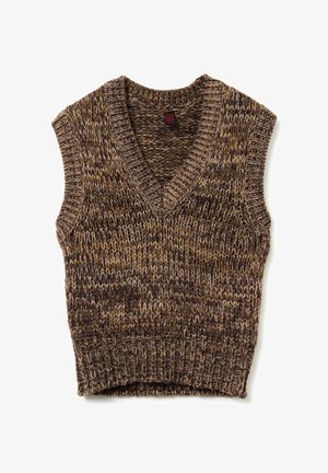 Chaleco sin mangas de punto jaspeado en marrón y beige, con cuello, sisas y dobladillo acanalados, dispuesto en plano sobre un fondo blanco.