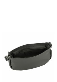 Sac d'épaule en cuir gris avec une texture lisse, de forme rectangulaire, poche intérieure zippée et bandoulière ajustable pour une utilisation polyvalente.