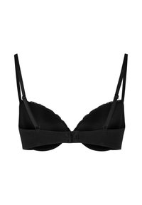 Soutien-gorge noir avec armatures, tissu lisse, fines bretelles réglables, bordure en dentelle festonnée le long des bords supérieurs et attache à crochets et œillets dans le dos.