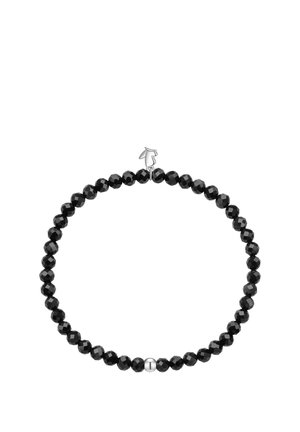 Bracelet perles noires facettées avec une seule perle argentée et un petit fermoir argenté en forme de main.