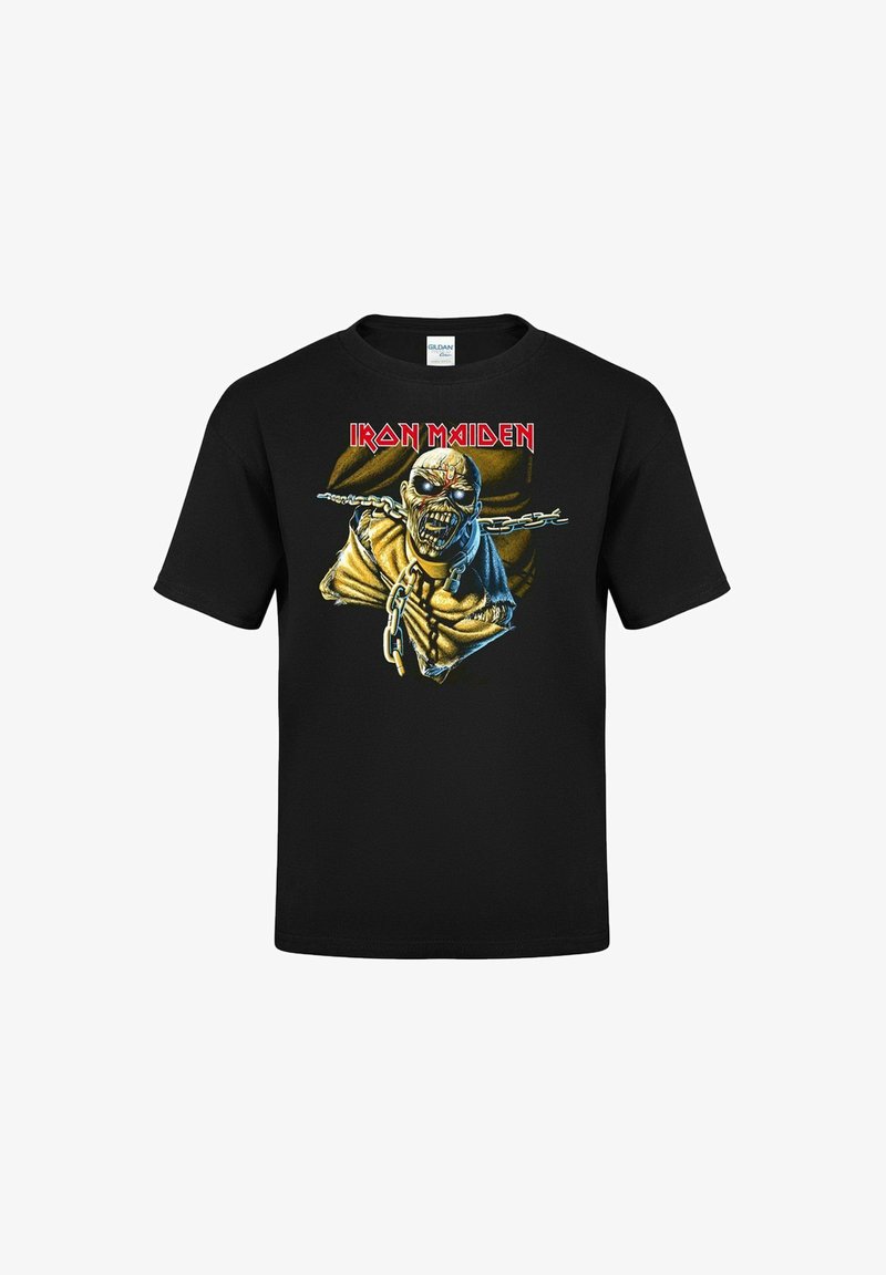 Černé bavlněné tričko s grafickým potiskem skull v řetězech, zvýrazněné živými barvami, s textem "Iron Maiden" nad designem.