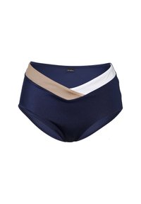 Culotte bikini a vita alta in blu navy e beige con un accento bianco. Tessuto liscio e elastico con un design incrociato e una copertura moderata.