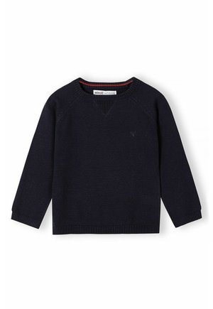Pull en maille bleu marine avec un col en V, des manches raglan longues, des poignets et un ourlet côtelés, présentant un petit logo sur la poitrine.