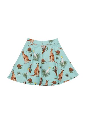 Blauer Rock mit aufgedruckten Illustrationen von Kängurus, Koalas, Kakadus, Kiwis und grünen Blättern.