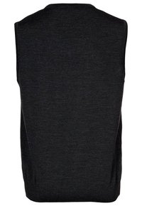 Schwarze ärmellose Strickweste mit rundem Ausschnitt, glatter Textur und geripptem Saum; verfügt über ein einfaches, einfarbiges Design.