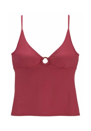Ärmelloses rosafarbenes Tanktop mit dünnen Trägern und einem kleinen runden Ausschnitt mit Ringdetail vorne in der Mitte.