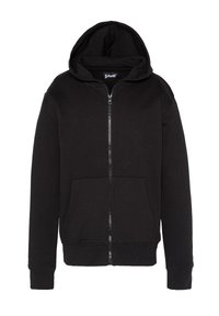 Felpa nera con zip completa, tasche frontali, maniche lunghe e cappuccio, con un piccolo etichetta del marchio "Schott" all'interno del colletto.