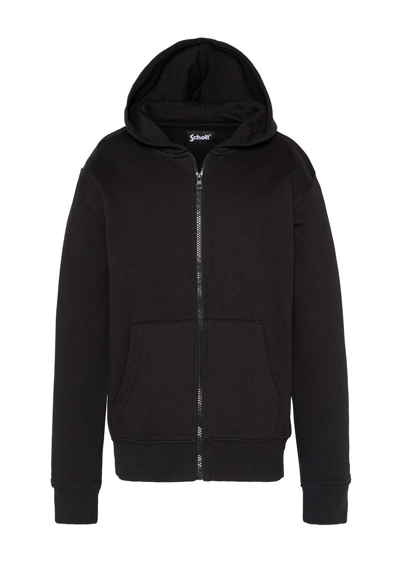 Felpa nera con zip completa, tasche frontali, maniche lunghe e cappuccio, con un piccolo etichetta del marchio "Schott" all'interno del colletto.