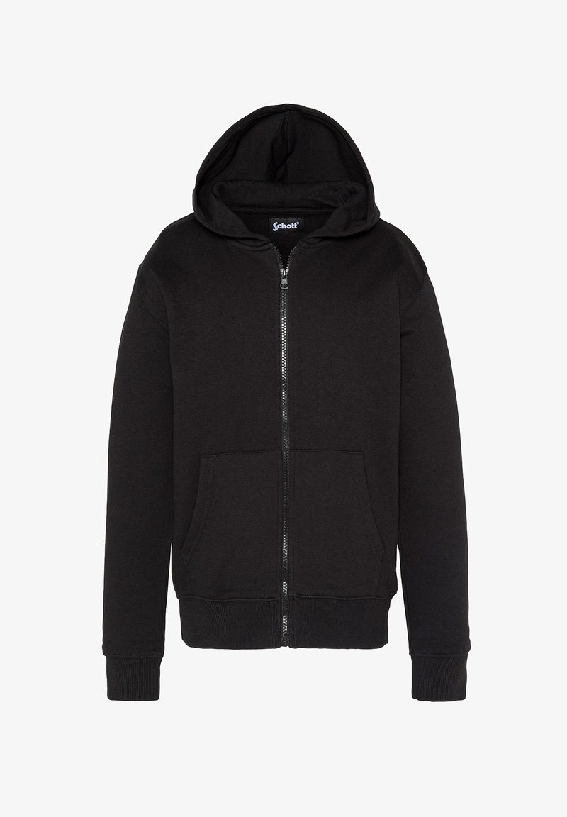 Felpa nera con zip completa, tasche frontali, maniche lunghe e cappuccio, con un piccolo etichetta del marchio "Schott" all'interno del colletto.