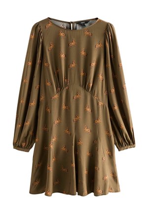 Olivenfarbendes Kleid mit langen Puffärmeln, rundem Hals, geraffter Taille und einem durchgehenden Pferdemuster in braunen Tönen. Rückenteil mit Schlüsselloch-Detail.