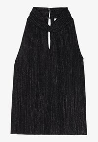 Vestido negro sin mangas con escote anudado, que presenta una abertura en forma de ojo de cerradura y una tela texturizada y brillante con rayas verticales.