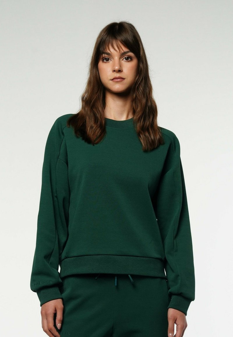 Green sweatshirt made of soft fabric, featuring a crew neckline, long sleeves, and ribbed cuffs. Suitable for casual wear.