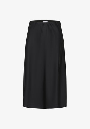 Zwarte, knielange rok van soepel materiaal met een eenvoudig ontwerp. Heeft een elastische tailleband en een rechte snit. Geen patronen of accenten.