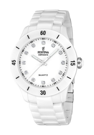Orologio da polso Festina in ceramica bianca con movimento al quarzo, indici orari in cristallo, lancette argentate e bracciale a maglie in ceramica bianca.