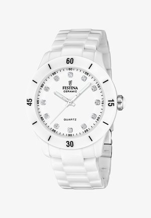 Reloj de pulsera Festina de cerámica blanca con cuarzo, marcadores de hora de cristal, manecillas plateadas y una pulsera de eslabones de cerámica blanca.