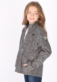 Giacca zip-up grigia realizzata in tessuto texturizzato, con tasche laterali, colletto alto e logo sulla manica superiore.