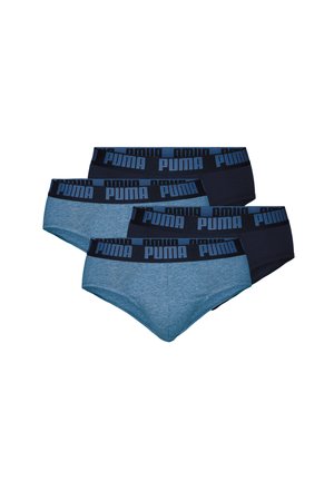 Drei Paare Herrenunterwäsche in Dunkelblau und Hellblau. Jedes Paar hat einen breiten, elastischen schwarzen Bund mit "PUMA" in blauer Schrift.