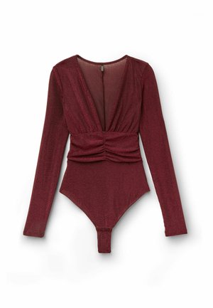 Burgundy long-sleeve bodysuit with a deep V-neck, gathered front detail, and a thong bottom. Made of a shimmery, textured fabric.