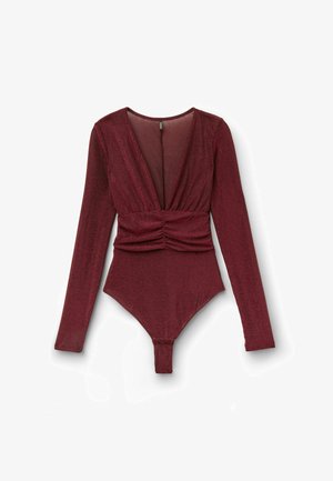 Burgundy long-sleeve bodysuit with a deep V-neck, gathered front detail, and a thong bottom. Made of a shimmery, textured fabric.