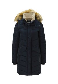 Granatowa puchowa kurtka z kapturem podszytym sztucznym futrem, zapinanymi na zamek bocznymi kieszeniami oraz pikowaniem w jodełkę. Wyposażona w pełny zamek błyskawiczny z przodu i zapięcie na guziki.