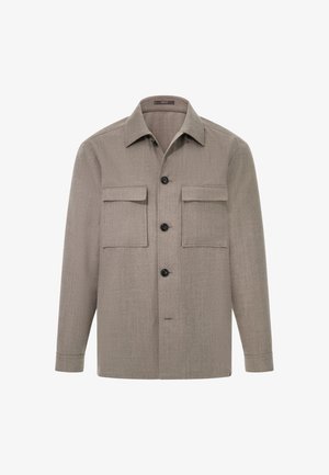 Světlohnědá, strukturovaná bunda s předními knoflíky, dvěma náprsními kapsami a klasickým límcem. Vyrobena z vlněné směsi.