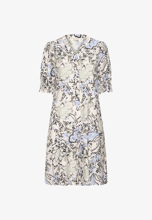 Rochie bej deschis cu modele florale albastre și verzi, decolteu în V, nasturi în față și mâneci scurte bufante cu manșete strânse.