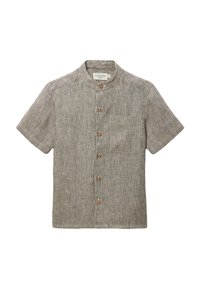 Chemise à manches courtes à rayures avec un col étroit, dotée de boutons marron, d'une poche poitrine et d'un design décontracté.
