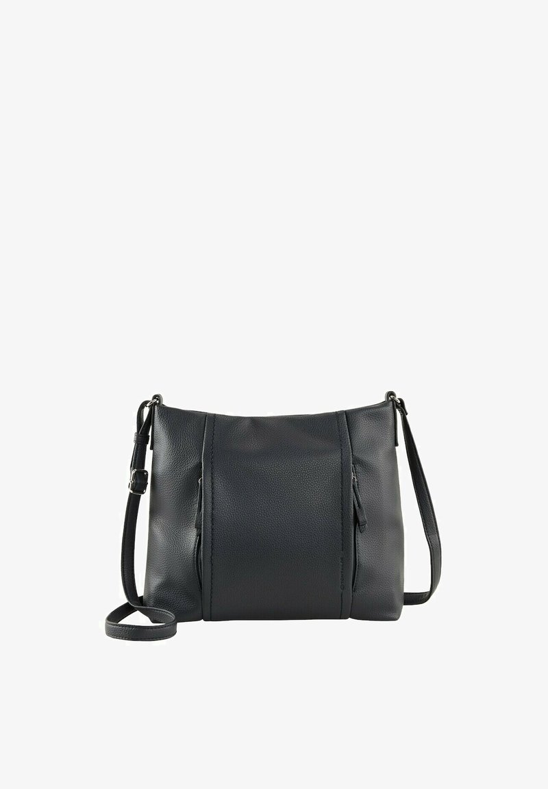Borsa a tracolla in pelle nera con un design strutturato, dotata di due tasche frontali, una texture liscia e una tracolla regolabile.