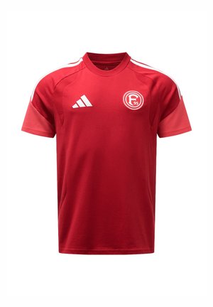 Rotes Adidas-Sportshirt mit weißem Logo und Fortuna Düsseldorf F95 Fußballvereinswappen vorne, mit kurzen Ärmeln und weißen Schulterstreifen.