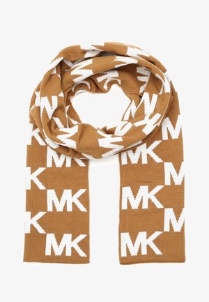Bufanda de punto marrón con patrón repetido del gran logo blanco "MK", doblada en un lazo en la parte superior con los extremos colgando rectos hacia abajo.