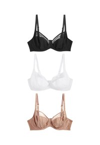 Tre bh'er arrangeret lodret: sort med transparente paneler, hvid i et blødt stof og beige med satinfinish. Hver har justerbare stropper.