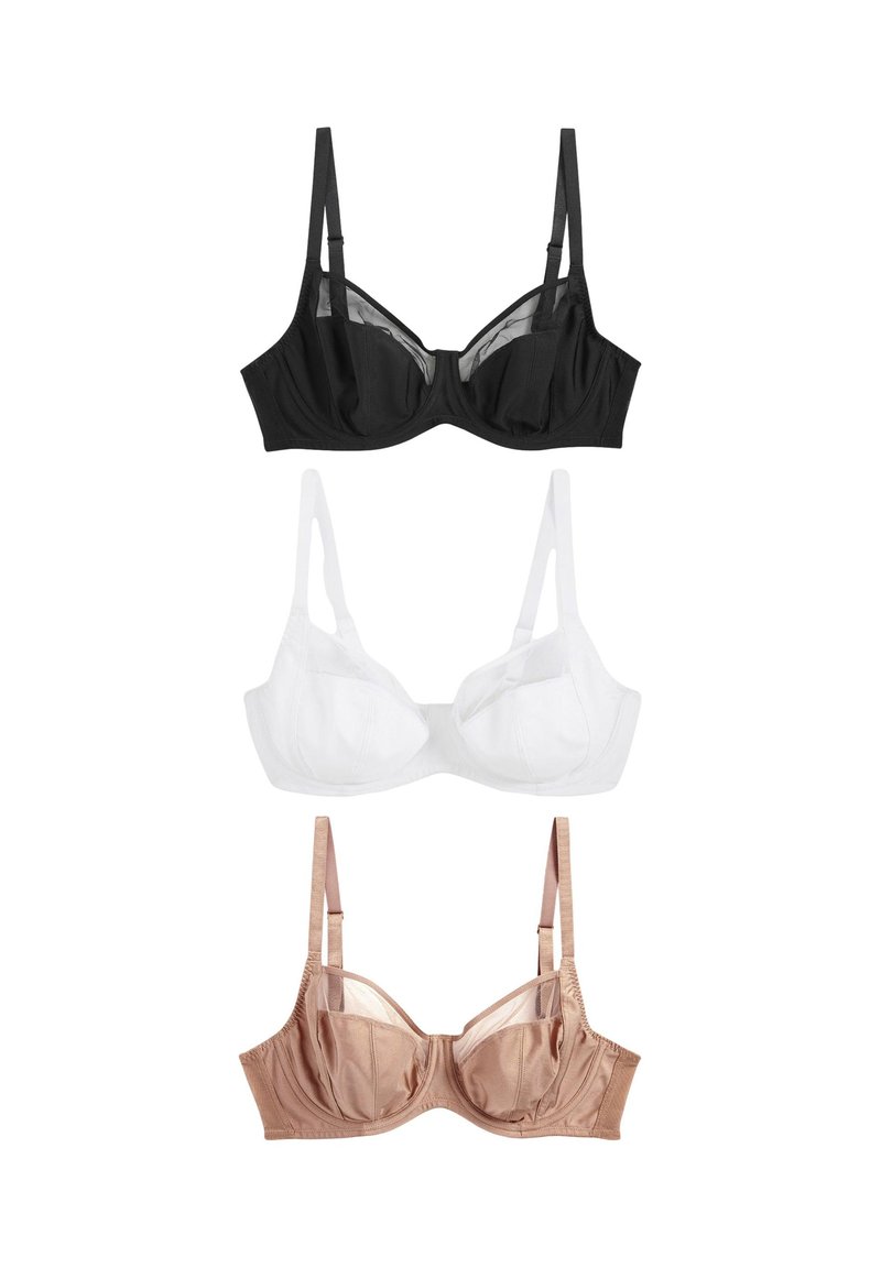 Tre bh'er arrangeret lodret: sort med transparente paneler, hvid i et blødt stof og beige med satinfinish. Hver har justerbare stropper.