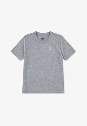 T-shirt grigia a maniche corte in tessuto jersey, con un sottile logo bianco "Jordan" sul petto a sinistra e scollo rotondo.