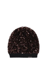 Gorro negro con cuentas, presenta un diseño texturizado cubierto de lentejuelas brillantes y un puño de punto acanalado en la base.