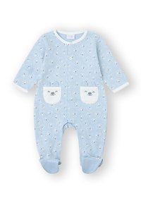 Body para bebé azul claro con mangas largas, con un patrón repetido de caras de oso, dos bolsillos delanteros con detalles de oso y puños en los tobillos.