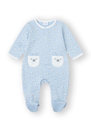 Body para bebé azul claro con mangas largas, con un patrón repetido de caras de oso, dos bolsillos delanteros con detalles de oso y puños en los tobillos.