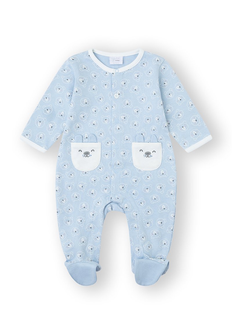 Body para bebé azul claro con mangas largas, con un patrón repetido de caras de oso, dos bolsillos delanteros con detalles de oso y puños en los tobillos.