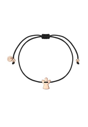 Zwarte koord armband met een rosegouden engelvormige charm. Bevat twee ronde rosegouden kralen en een verstelbare schuifknoop.