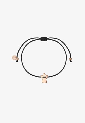 Juodas virvės apyrankė su rožinio aukso angelo forma pagamintu pakabuku. Yra du apvalūs rožinio aukso karoliukai ir reguliuojamas slystantis mazgas.