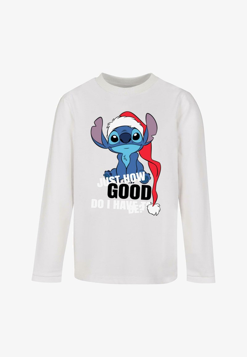White long-sleeve shirt featuring a blue cartoon character with large ears wearing a red Santa hat and text reading “JUST HOW GOOD DO I HAVE TO BE?”