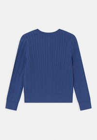 Blauer, gestrickter Pullover mit langen Ärmeln, gerippten Bündchen und Saum, der ein strukturiertes Muster über den gesamten Körper aufweist.