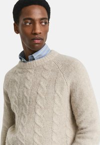 Man in een crème kabelgebreide trui over een blauw gestreept overhemd, die naar links kijkt tegen een witte achtergrond.