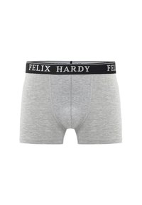 Boxers en coton gris avec une taille élastique noire portant des lettres blanches "FELIX HARDY". Design ajusté avec une texture lisse.