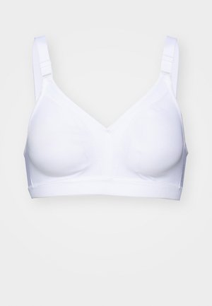 Sostén blanco de copa suave con tirantes ajustables, escote en V y diseño sin costuras. Confeccionado en una tela suave y elástica para mayor comodidad.