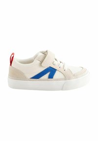 Sneakers z kremowej tkaniny z niebieskimi i beżowymi akcentami, z zapięciem na rzep, sznurówkami i czerwoną pętelką na pięcie. Gumowa podeszwa.